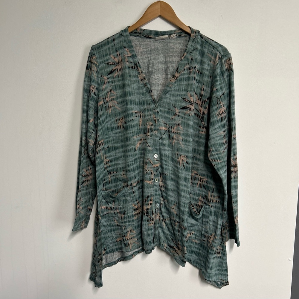 LOGO Lori Goldstein Cardigan‎ Women’s XL Green Button Long Sleeve Asymmetrical
